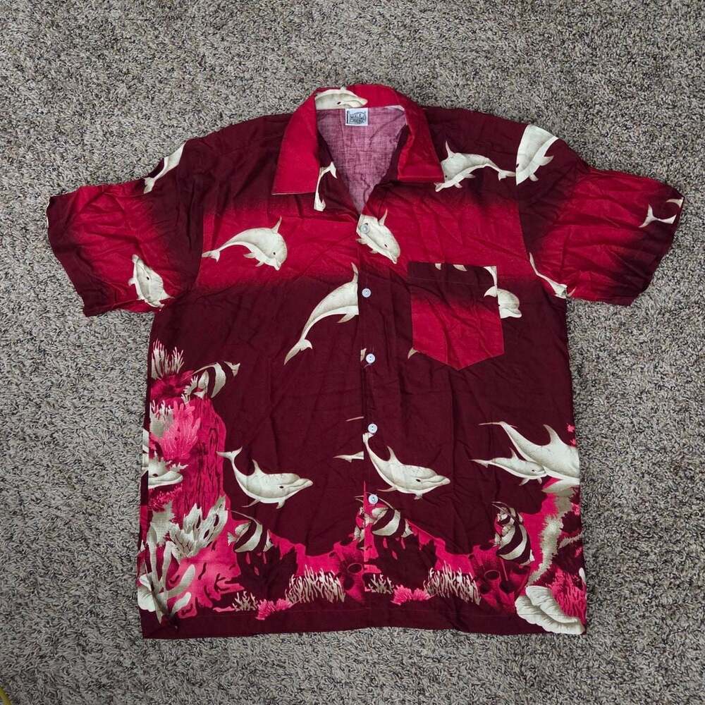Male Avenue Vintage Hawaiian Shirt Red Dolphin Reef Print